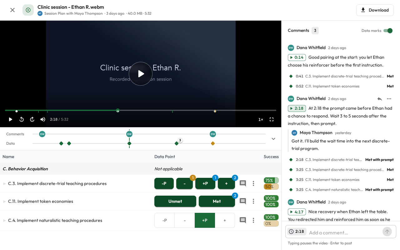 A session recording paused at 2:18, with the skills table under the video and comments beside it.