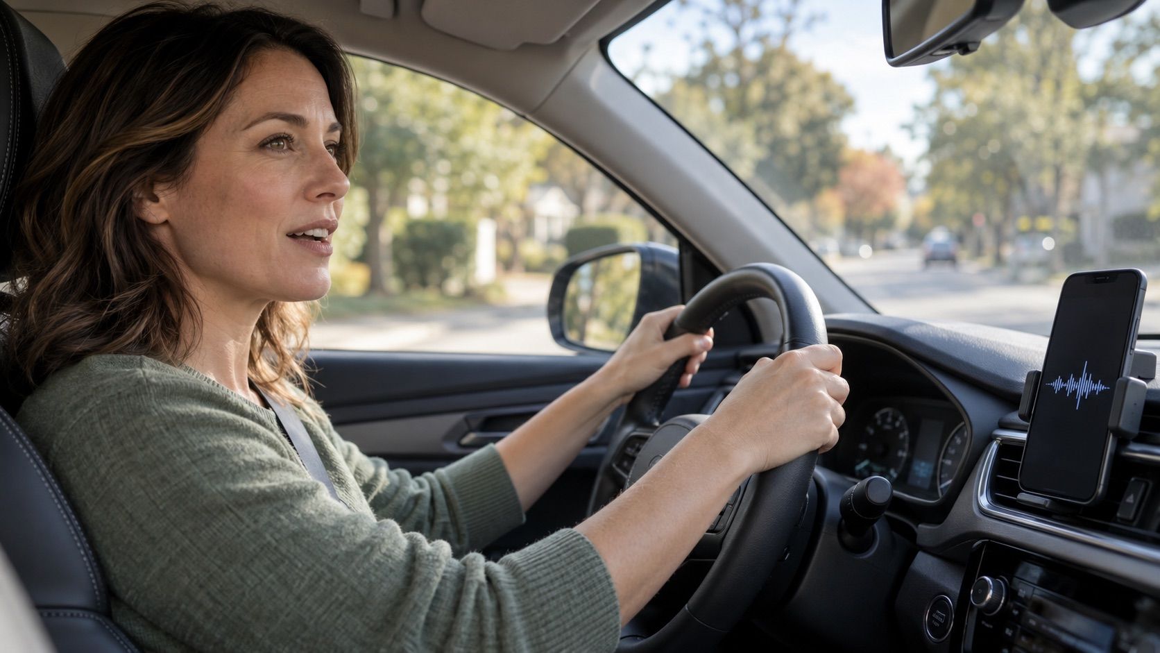 A BCBA driving, both hands on the wheel, her phone in a dash mount showing a voice waveform