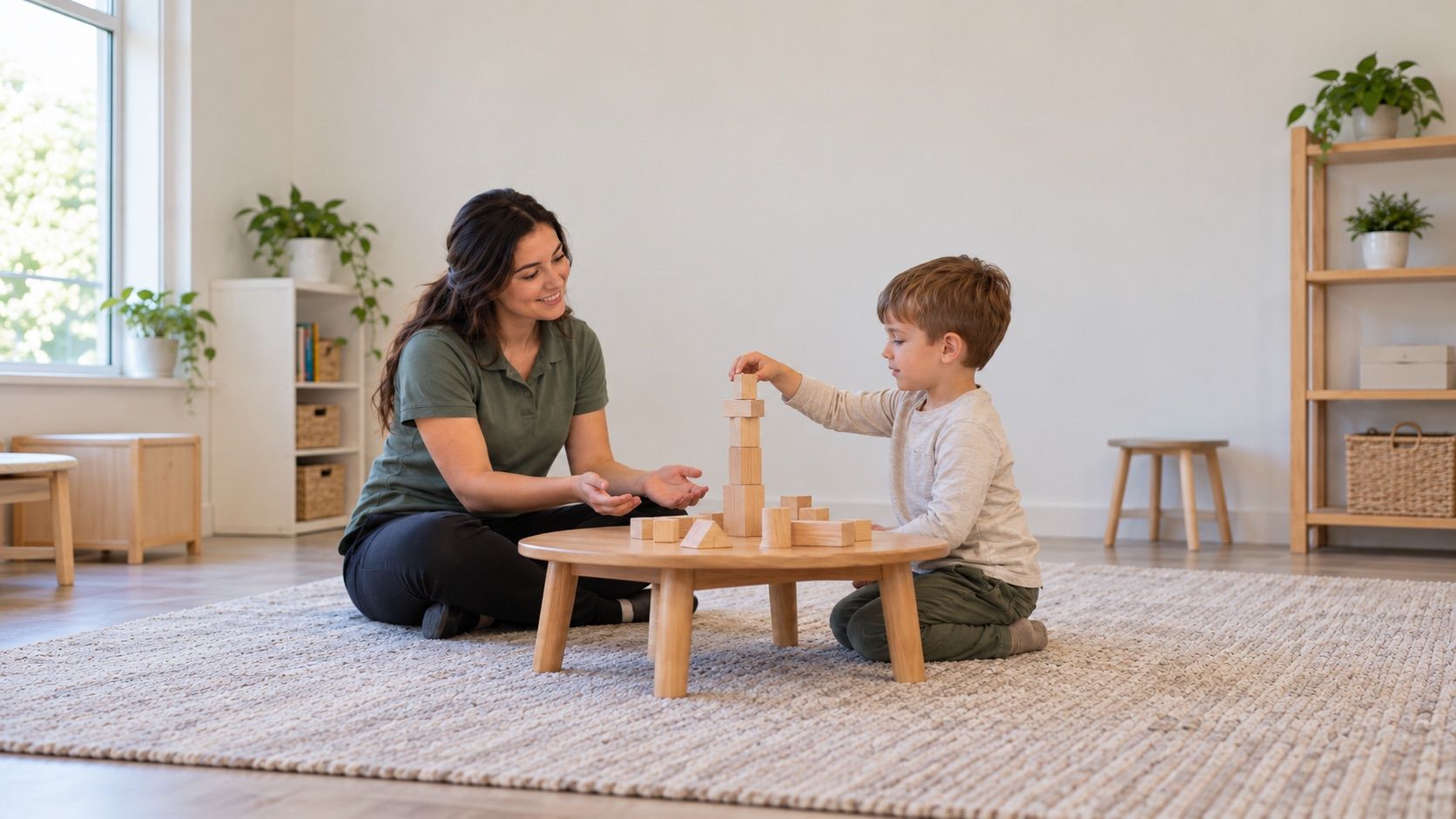 Supervising in person: Maya, an RBT, and Ethan build with wooden blocks across the room