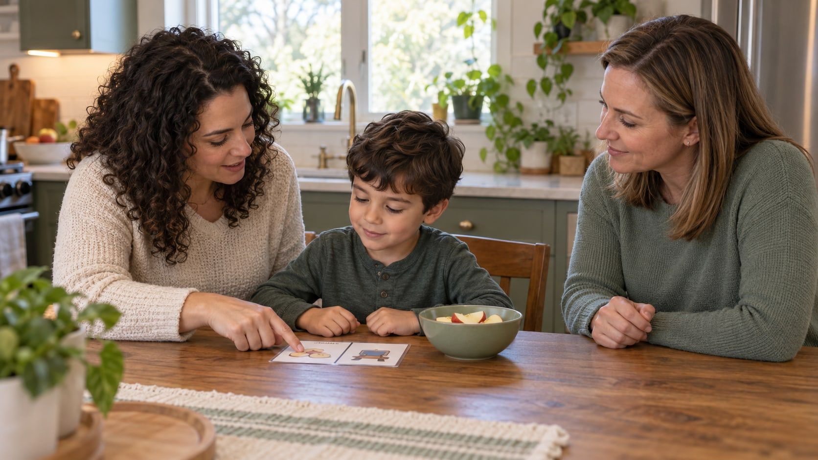 At home, a mother points to a first-then card for her young son while a behavior analyst beside her watches and coaches